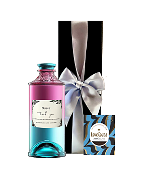 Ukiyo Japanese Gin & Maldon Sea Salt Chocolate Gift. The bottle is personalised with a Thank You label with a name and message