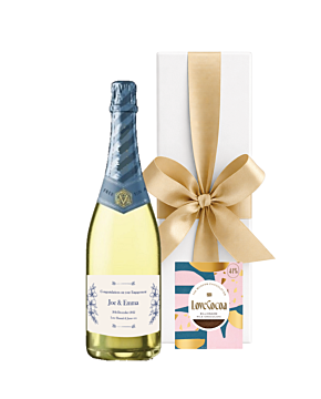 non-alcoholic cava and chocolate gift in white box