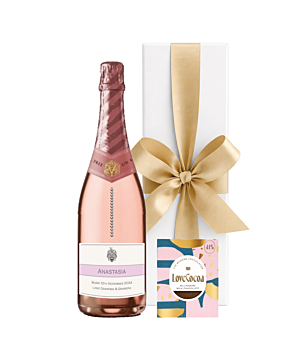 Personalised Non Alcoholic Sparkling Rosé - Adorned With Crystals in White Box - With Billionaire Chocolate Bar