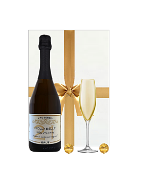 Personalised Prosecco and Palette Jaune LSA Champagne Flute With Swiss Truffles. Presented In White Gift Box with gold ribbon finish