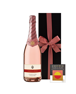 Personalised Non-Alcoholic Rosé Sparkling with Colombian coffee chocolate.  Presented in a black gift box with hand-tied ribbon