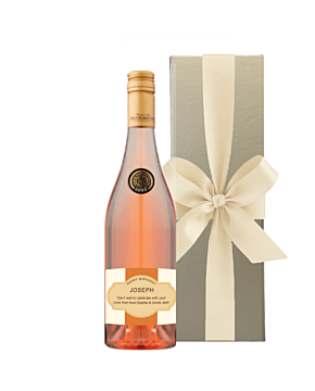 Personalised Syrah Rose wine gift presented in a gold gift box with gold ribbon