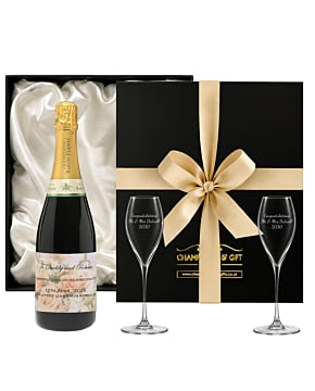 Personalised Wedding Champagne & Engraved Signature Flutes - In Cream Silky Lined Gift Box