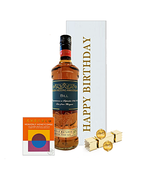 Personalised whisky and chocolate gift box. Featuring premium whisky, artisan chocolates presented in a Happy Birthday gift box.