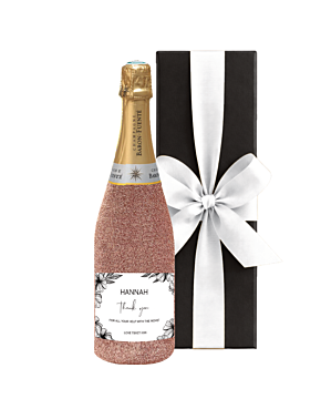 Rose Gold glitter champagne bottle - personalised with name and message. Presented in a luxury white gift box 