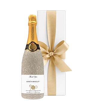 Grande Reserve Personalised Champagne Gift. Silver Glitter champagne bottle with a personalised Thank You label in a white gift box 
