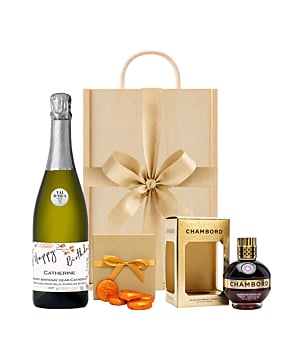Personalised Signature Prosecco with Chambord Black Raspberry Liqueur and luxury chocolates in a premium wooden gift box with gold ribbon