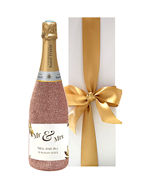 Rose Gold glitter champagne bottle - personalised with name and message. Presented in a luxury white gift box 