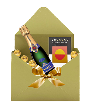 Beautiful gift of mini champagne, coffee chocolate and Swiss truffles presented in a cute letter box style hamper. Corporate or personal gift