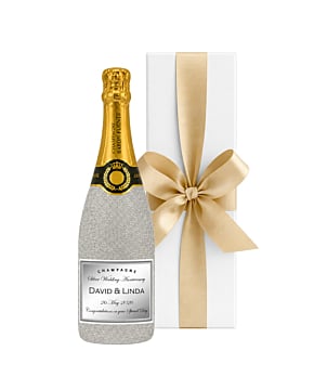 Grande Reserve Personalised Champagne Gift. Silver Glitter champagne bottle with a personalised Thank You label in a white gift box