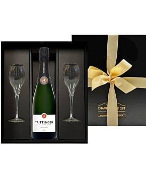 Taittinger Brut Reserve Champagne & Flutes Gift Box - with Engraved Champagne Flutes