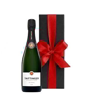 Taittinger Brut Reserve Champagne bottle with Black gift box and red ribbon