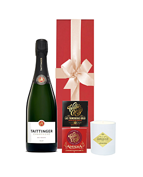 Taittinger Brut Reserve Champagne and scented candle gift. Presented with 2 Artisan Chocolate Bars In Red Presentation Gift Box