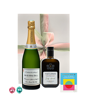 Personalised Classic Cuvée Champagne gift box with Taylor's Extra Virgin Olive Oil, Artisan chocolate and Swiss Truffles.