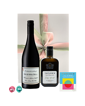 Personalised red wine gift box with Taylor's Extra Virgin Olive Oil, Artisan chocolate and Swiss Truffles. Wine is Cabernet Sauvignon from South of France