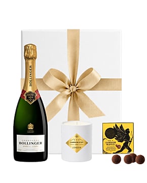 Bollinger Special Cuvée Champagne gift set with Willie’s Cacao Champagne Truffles and luxury scented candle