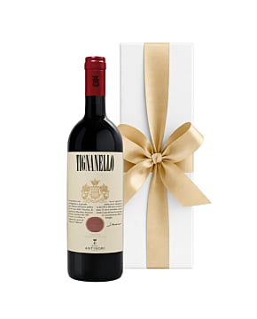 Tignanello Super Tuscan wine in white gift box with hand-tied ribbon