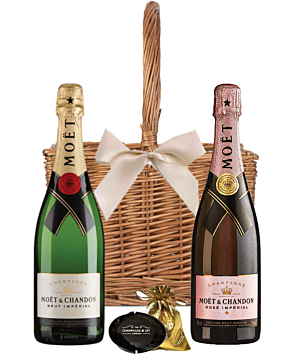 The Moet Celebration Duo Basket - Moet Brut NV, Rosé Imperial Champagne & Stopper in Special Event 2 bottle Carrier