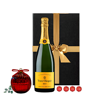Veuve Clicquot Champagne and red bauble candle in luxury Christmas gift box – Fireside Bauble Gift Set. This gift also includes four luxury Swiss truffles.