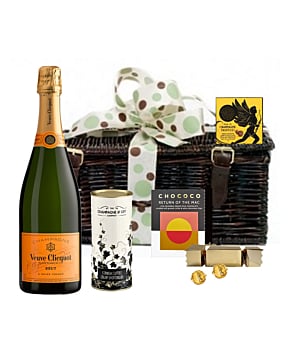 Veuve & Chocolate Hamper - Presented in Wicker Hamper With Large Hand Tied Bow