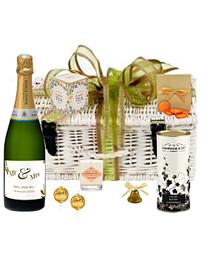 Personalised Wedding Hamper - Champagne, Chocolate, Treats & Goodies - Presented in Wicker Hamper With Large Hand tied Bow