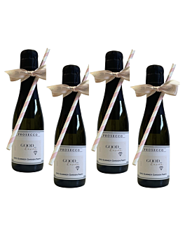 4 x Miniature Bottles of Personalised Prosecco - Complete with Hand Tied Bow & Straw - Colour Coordinated to Match Your Label Choice