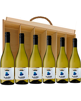 Deluxe Branded Six Bottle White Wine Box. Sauvignon Blanc wine In a Classic Wooden gift Box. Branded logo on the bottles