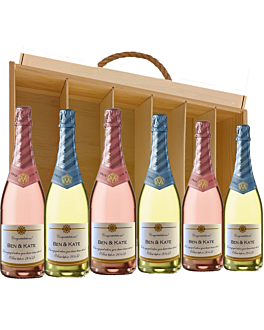 Luxury Six Bottle Gift Box of Non Alcoholic Fizz (Personalised) - 0% Organic NV Alcohol Free & 0% Rosé Cava - Presented In a Classic Wooden Gift Box