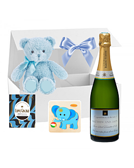 "With Love" Personalised Champagne New Baby Boy Hamper - With Gorgeous Gifts for Baby and Parents