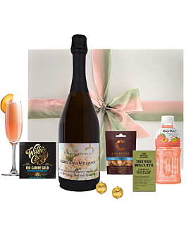 Personalised Peach Bellini Hamper - Prosecco Classic Cuvée, Peach Juice with Nata de Coco - Nuts, Drinks Biscuits, Venezuealan 72% Chocolate & Truffles