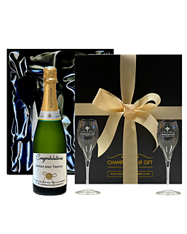 Deluxe Edition Wedding Champagne Gift - Personalised Champagne With Two Signature Flutes - Presented In Luxury Silky Lined Black Presentation Box