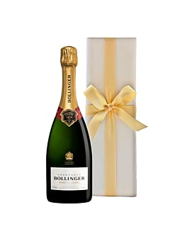 Bollinger gift with white gift box and hand tied ribbon