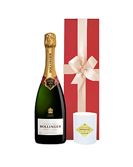 Bollinger Special Cuvée Champagne and Scented Candle Gift. Beautifully presented In a Red Presentation Gift Box