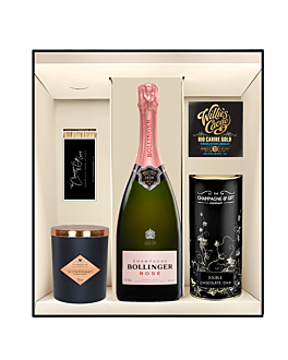Bollinger Rosé NV Champagne, Deluxe Scented Candle & Goodies Hamper - with 72% Venezuelan Chocolate & Deluxe Biscuits