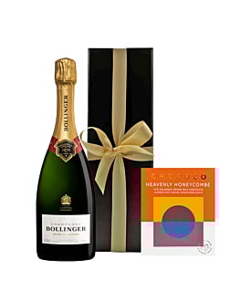 Bollinger champagne in black box with crushed coffee chocolate bar