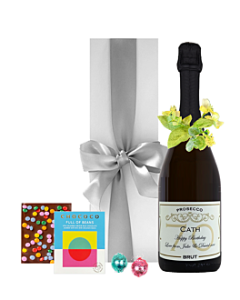 "Gigi" Prosecco Gift Adorned With Flower Neck Ring - With Colombian Beans Chocolate Bar & Swiss Truffles - In White Presentation Box