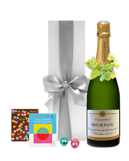 "Gigi" Champagne Gift Adorned With Flower Neck Ring - With Colombian Beans Chocolate Bar & Swiss Truffles - In White Presentation Box