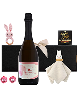 Bunnies & Bubbles Classic Cuvée Prosecco Baby Girl Hamper - Cute Bunny Rattle, Bunny Soother & Chocolates 