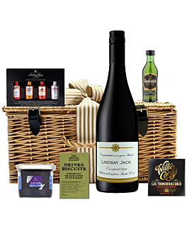 Personalised Red Wine, Miniature Whisky, Caviar and Chocolate Hamper. Smart hamper for a special occasion. Christmas Gift Idea