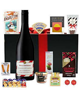 Christmas Wish Wine Hamper. Cabernet Sauvignon red wine with luxury savoury and chocolate treats in a hamper with red bow