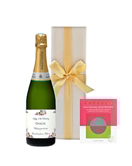 Personalised Champagne Classic Cuvee in White Box - With Ravishing Raspberry Dark Chocolate Bar