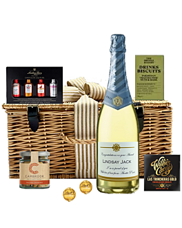 Alcohol Free Cava, Chocolate and Treats Hamper. Personalised Gift in Luxury Wicker Hamper. A deluxe Non-Alcoholic Gift