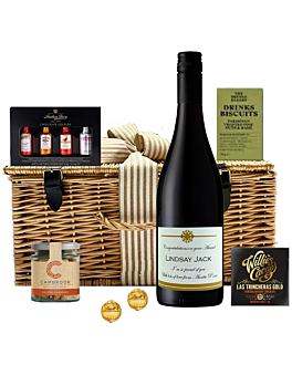 Personalised Cabernet Sauvignon, Chocolate Treats Hamper. Personalised Red Wine and goodies in a beautiful Wicker Hamper