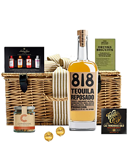 818 Reposado Tequila, Chocolate and Savoury Treats Hamper. Beautiful gift of luxury Tequila and chocolates in a Wicker Hamper