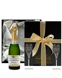 Deluxe Edition Classic Cuveé Wedding Champagne Gift - Personalised Champagne and Two Engraved Signature Flutes - Presented In Luxury Cream Silky Lined Gift Box