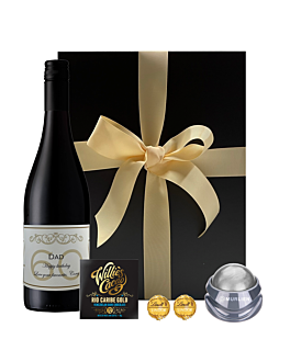"No Stress!" Personalised Red Wine, Chocolate & Relax Gift - With Colombian 72% Dark Chocolate, Massage Roller & Swiss Truffles - Presented In Black Gift Box
