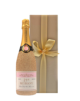 Grande Reserve Personalised Champagne in a Gold Glitter Bottle. Presented in a Gold Gift Box with ribbon