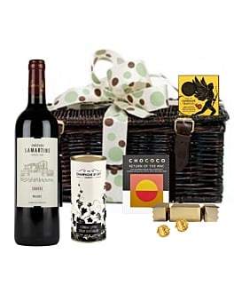 Personalised Red Wine & Chocolate Hamper - Chateau Lamartine, Cahors, Malbec - Presented in Wicker Hamper With Large Hand tied Bow