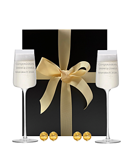 2 x Personalised LSA Metropolitan Champagne Flutes - With Swiss Truffles In Black Gift Box - Engrave With A Name, Message, Logo