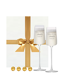 2 x Personalised LSA Metropolitan Champagne Flutes - With Swiss Truffles In White Gift Box - Engrave With A Name, Message, Logo